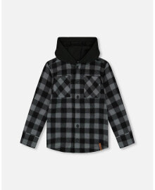 Deux par Deux big Boys Polar Fleece Shirt With Hood Black Plaid