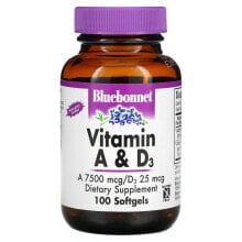 Витамин А bluebonnet Nutrition, витамины A и D3, 100 капсул