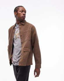 Topman long sleeve overshirt in brown купить онлайн