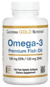 Рыбий жир и Омега 3, 6, 9 california Gold Nutrition Omega-3 Premium Fish Oil, 180 EPA / 120 DHA, Рыбий жир Омега-3 от California Gold Nutrition, 180 мг ЭПК / 120 мг ДГК, 100 капсул из рыбьего желатина