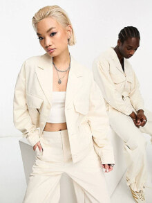 IIQUAL unisex drop shoulder pocket detail jacket co-ord in cream купить в интернет-магазине