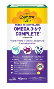 Рыбий жир и Омега 3, 6, 9 Country Life Ultra Concentrated Omega 3 6 9  Омега 3 6 9 из  рыбьего жира, масла семян огуречника и масла из семян льна  90 гелевых капсул