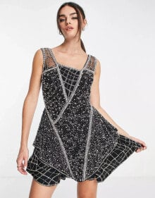 ASOS DESIGN beaded mini dress with layered skirt and linear embellishment detail in black купить в интернет-магазине