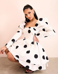 ASOS LUXE cotton sateen polka dot structured skater mini dress in white купить онлайн