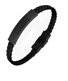 Black leather bracelet with steel clasp STO3682