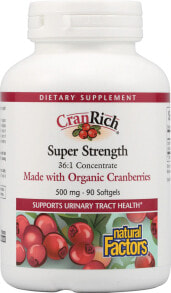 Растительные экстракты и настойки Natural Factors CranRich Super Strength Cranberry Растительный концентрат клюквы для поддержки мочевыводящих путей 500 мг 90 гелевых капсул