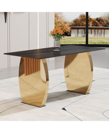 Simplie Fun modern rectangular table with 0.4 inch black patterned tabletop and gold legs, suitable for kitchen, dining room, and living room 63 inches 31.4 inches 30 inches