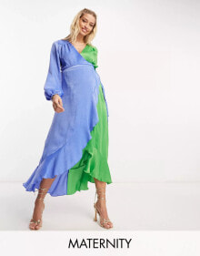 Купить женские вечерние платья Flounce London Maternity: Flounce London Maternity – Maxikleid in kontrastierendem Blau und Grün mit Ballonärmeln und Rüschenverzierung