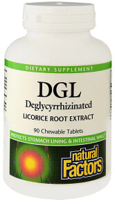 Витамины и БАДы для пищеварительной системы natural Factors DGL Деглицирризиновый экстракт корня солодки 90 жевательных таблеток