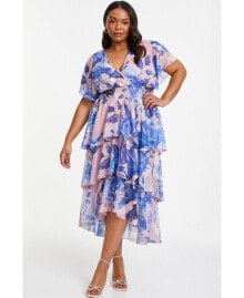 QUIZ women's Plus Size Chiffon Wrap Tiered Dip Dress