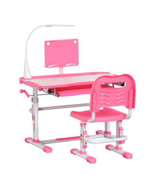 Qaba kids Desk and Chair Set, Height Adjustable School Study Table and Chair, Student Writing Desk with Tilt Desktop, LED Lamp, Pen Box, Drawer, Reading Board, Cup Holder, and Pen Slots, Pink