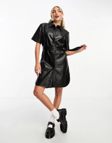 Noisy May faux leather button down tie waist mini dress in black купить в аутлете