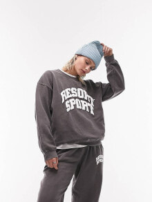 Женские свитшоты topshop graphic resort and sports vintage wash oversized sweat in charcoal