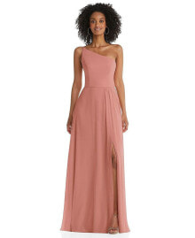 After Six women's One-Shoulder Chiffon Maxi Dress with Shirred Front Slit