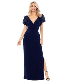 Купить женские платья Betsy & Adam: Women's Sequin-Sleeve Surplice-Neck Gown