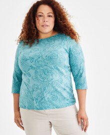 Plus Size Printed 3/4-Sleeve Top, Created for Macy's купить онлайн