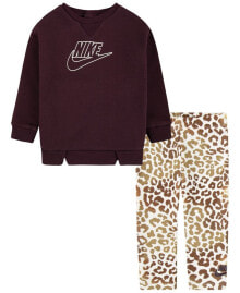 Nike baby Girls Long Sleeves Crewneck Top and Leopard Leggings, 2 Piece Set