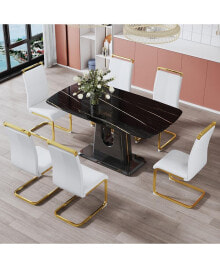 Simplie Fun modern Black Marble Dining Table Set with 6 Gold Leg Chairs