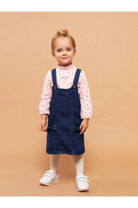 U Yaka Askılı Kız Bebek Jean Elbise ve Külotlu Çorap 2'li