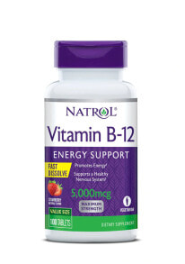 Витамины группы В Natrol Vitamin B-12 Fast Dissolve Strawberry Витамин В 12 со вкусом клубники 5000 мкг 100 быстрорастворимых таблеток