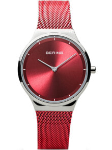 Женские наручные кварцевые часы Bering красные с ремешком миланского плетения