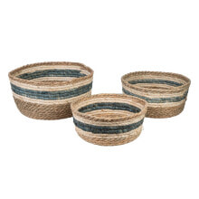 Set of Baskets Romimex Blue Natural Fibre 24 x 11 x 24 cm 3 Pieces