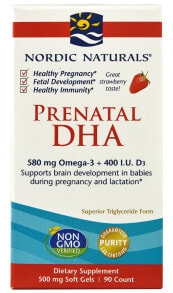 Рыбий жир и Омега 3, 6, 9 Nordic Naturals Prenatal DHA Strawberry ДГК для поддержки развития мозга у детей во время беременности и кормления грудью 500 мг 90 гелевых капсул