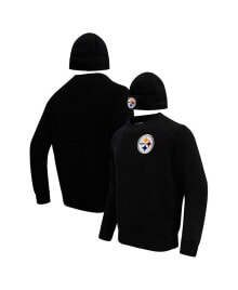 Купить мужские свитеры и кардиганы Pro Standard: Men's Black Pittsburgh Steelers Crewneck Pullover Sweater and Cuffed Knit Hat Box Gift Set