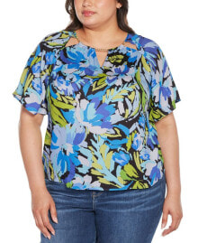 Купить женские блузки и кофточки Belldini: Black Label Plus Size Abstract Floral Cutout Detail Top