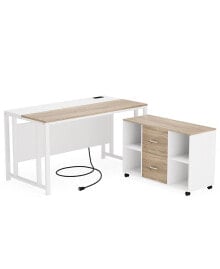 Tribesigns l-Shaped Computer Desk with Power Outlet and Drawer Cabinet, 55 inch Large Executive Office Desk Business Furniture with 40 inch Lateral File Cabinet Printer Stand for Home Office