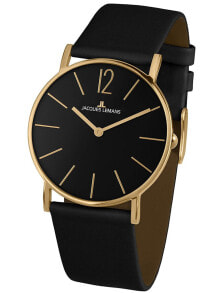 Унисекс часы аналоговые круглые с черным кожаным браслетом Jacques Lemans
