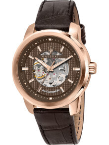 Аналоговые мужские наручные часы с коричневым кожаным ремешком Maserati R8821121001 Successo automatic 44mm 5ATM