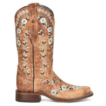 Купить коричневые женские высокие ботинки Corral Boots: Corral Boots Distressed Glow In The Dark Floral Embroidery Square Toe Cowboy Wo