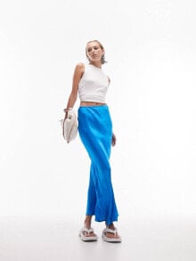 Topshop Petite satin bias maxi skirt in blue купить в интернет-магазине