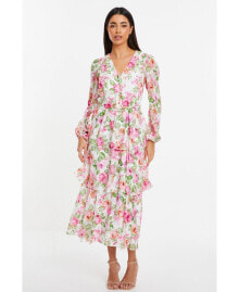 QUIZ women's Floral Chiffon Jacquard Button Detail Dress