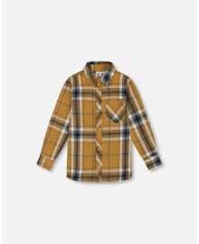 Deux par Deux big Boys Button Down Flannel Shirt With Pocket Plaid Golden Yellow And Gray