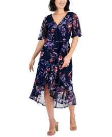 Connected women's Printed Faux-Wrap Ruffle-Trim Dress