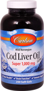 Рыбий жир и Омега 3, 6, 9 Carlson Cod Liver Oil Gems Super  Омега-3 плюс витамины А и D3 1000 мг 250 гелевых капсул