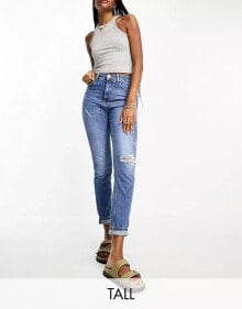 River Island Tall – Schmale Mom-Jeans in mittelblauer Waschung