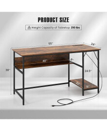 Slickblue 55 Inches Computer Desk with Charging Station-Brown