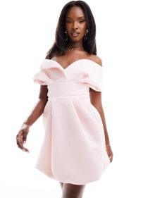 ASOS DESIGN off shoulder scuba bubble mini dress in light pink купить в интернет-магазине