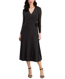 Anne Klein women's Faux-Wrap Mesh-Sleeve Midi Dress