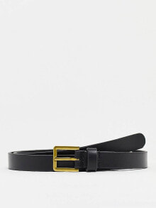 Мужские ремни и пояса aSOS DESIGN smart leather skinny belt with gold buckle in black