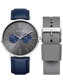 Мужские наручные часы с ремешком Мужские наручные часы с синим кожаным ремешком и запасным серым текстильным Bering 14240-803 classic mens watch 40mm 3ATM