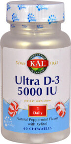 Витамин D KAL Ultra D-3 Витамин Д со вкусом перечной мяты - 5000 МЕ - 60 жевательных таблеток