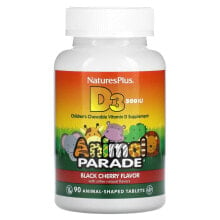 Натурес Плюс, Source of Life, Animal Parade, витамин D3, со вкусом натуральной черешни, 500 МЕ, 90 таблеток в форме животных