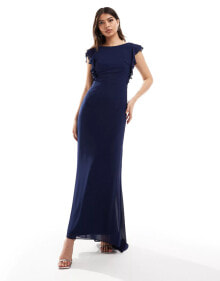 TFNC Bridesmaid chiffon twist back maxi dress with flutter sleeve in navy купить онлайн