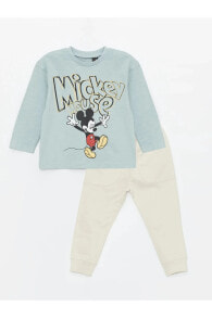 baby Bisiklet Yaka Uzun Kollu Mickey Mouse Baskılı Erkek Bebek Sweatshirt ve Eşofman Alt 2'li Takım