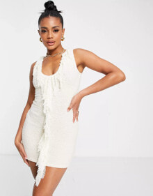 Купить бежевые женские платья-шифт BAD SOCIETY CLUB: Bad Society Club textured frill front mini dress in cream