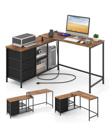 Costway l-shaped Computer Desk with Power Outlet, Fabric Drawers, Metal Mesh Shelves